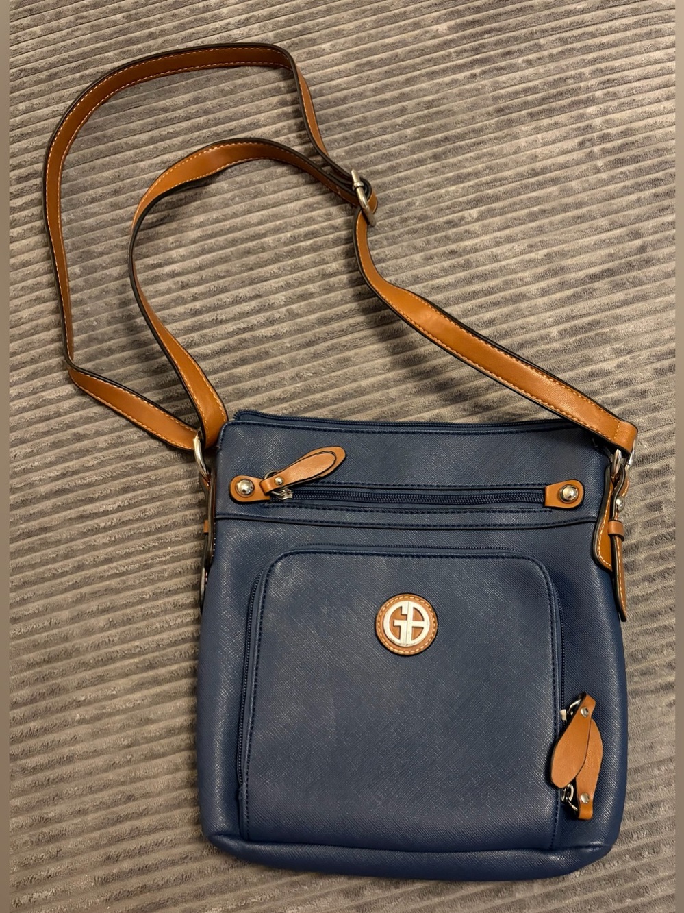 Giani Bernini Navy Crossbody with Tan Trim and Gold Logo Accent